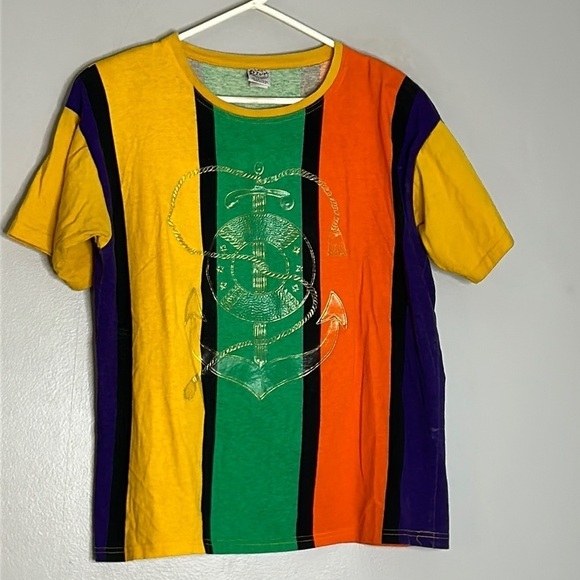 Vintage Striped Embossed gold nautical anchor coverup T-shirt one size adult tee - Picture 1 of 9